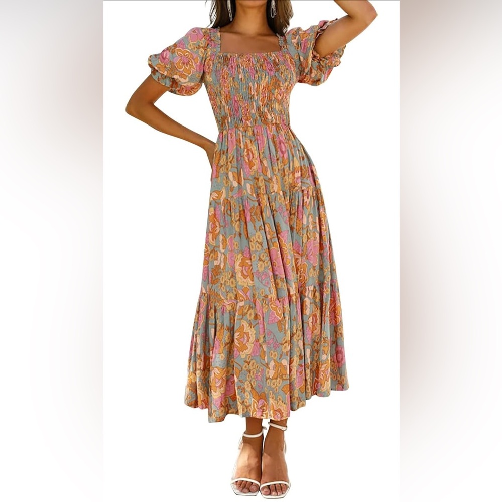 Orange and Pink Puff Sleeve boho Sundress - Picture 11 of 12